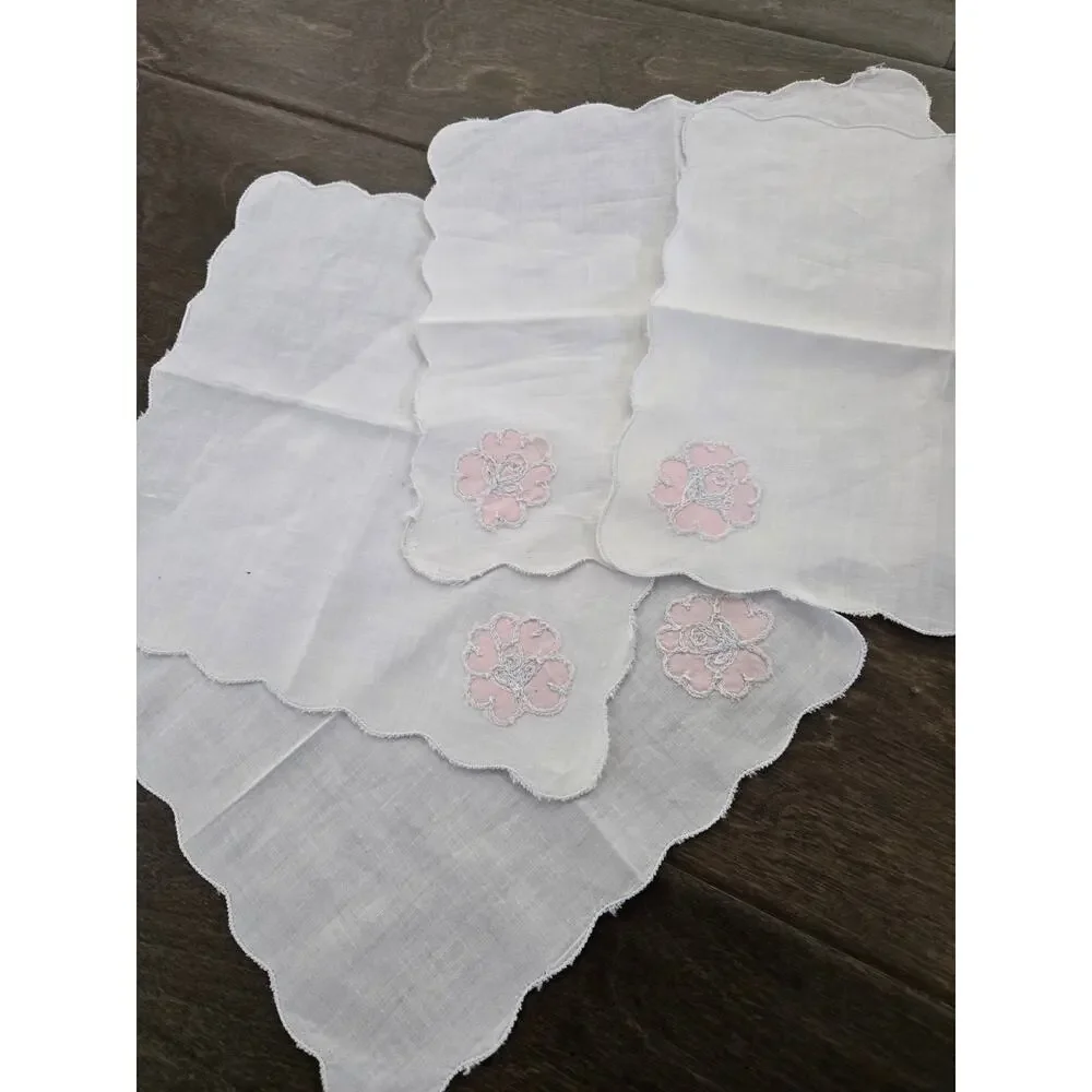 Set of 4 Vintage Hand Embroidered Napkins Handkerchiefs White Pink Floral